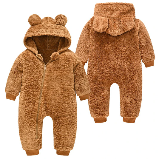 Baby Boy Hooded Plush Romper - Spring Autumn Bear Overall