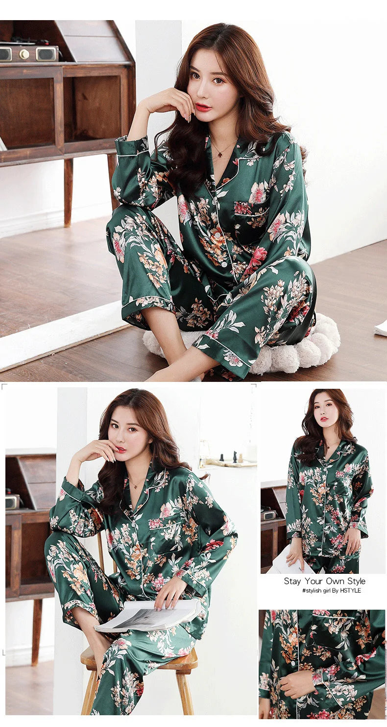 Women's Satin Silk Pajama Set - Winter Button PJs (2 Pieces)