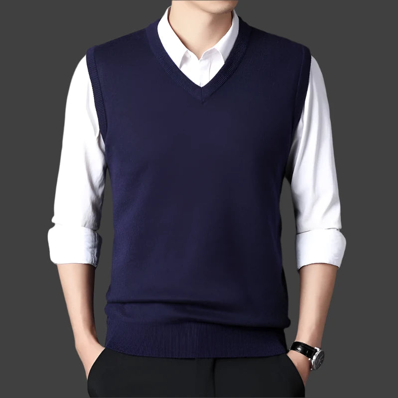 Men’s V-neck Knit Vest – Retro Solid Color, Casual Woolen, All-match for Autumn