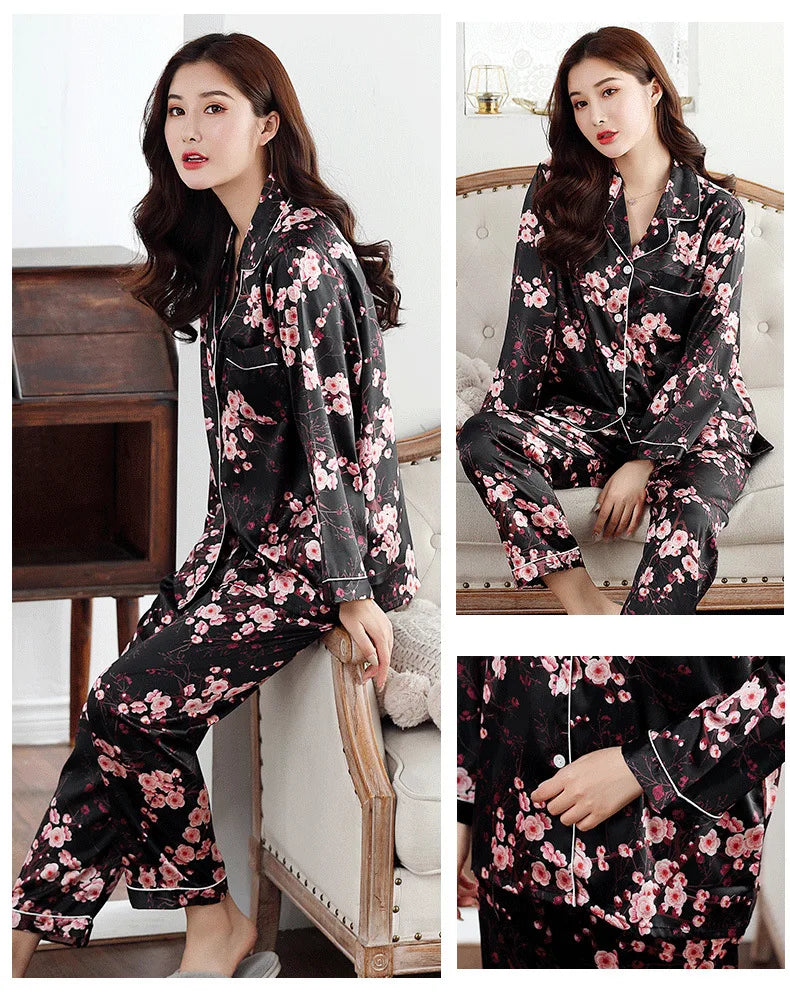 Women's Satin Silk Pajama Set - Winter Button PJs (2 Pieces)