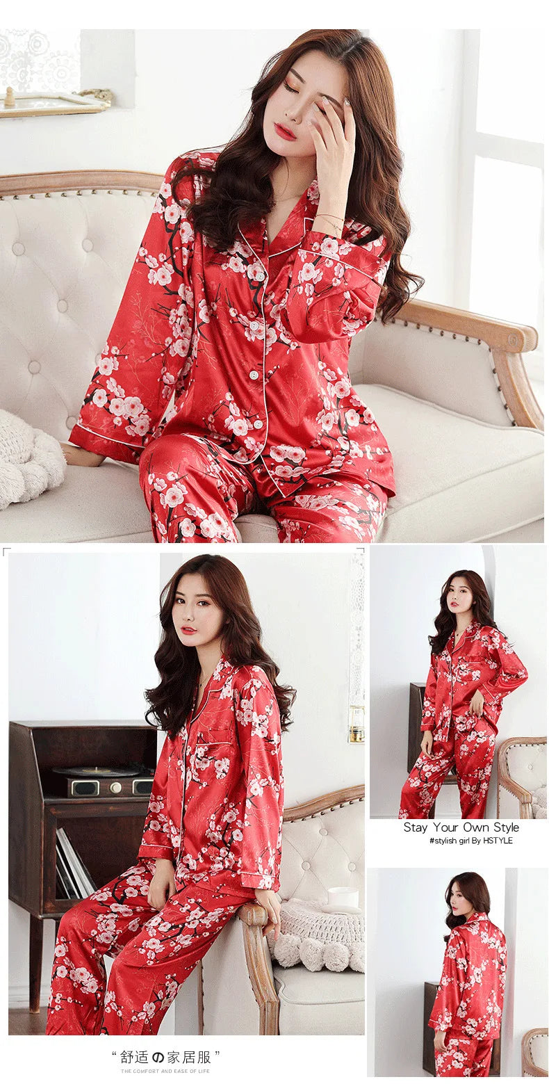 Women's Satin Silk Pajama Set - Winter Button PJs (2 Pieces)