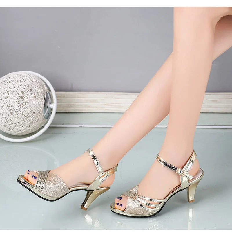 Summer Peep-Toe High Heels - Women's Fashion Sandals, 6cm Heel, Gold/Silver