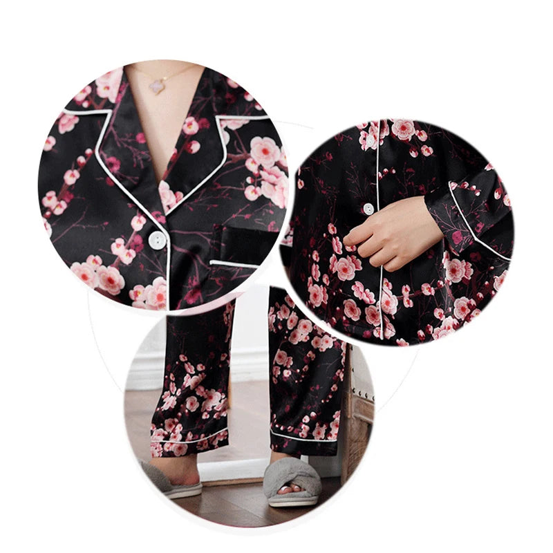 Women's Satin Silk Pajama Set - Winter Button PJs (2 Pieces)