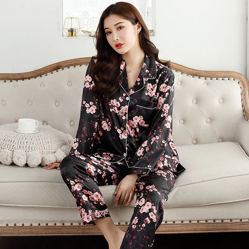 Women's Satin Silk Pajama Set - Winter Button PJs (2 Pieces)