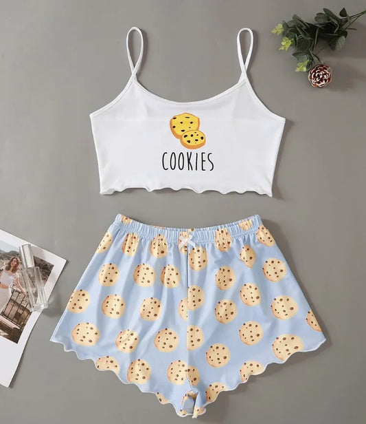 Summer Women's Cute Cartoon Print Pajama Set - V-Neck Short Sleeve & Shorts