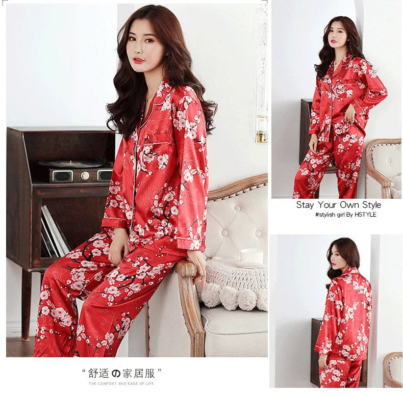 Women's Satin Silk Pajama Set - Winter Button PJs (2 Pieces)