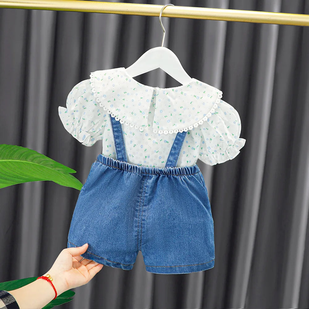 Newborn Baby Girl Summer Floral Shirt & Denim Overalls Set