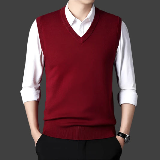 Men’s V-neck Knit Vest – Retro Solid Color, Casual Woolen, All-match for Autumn