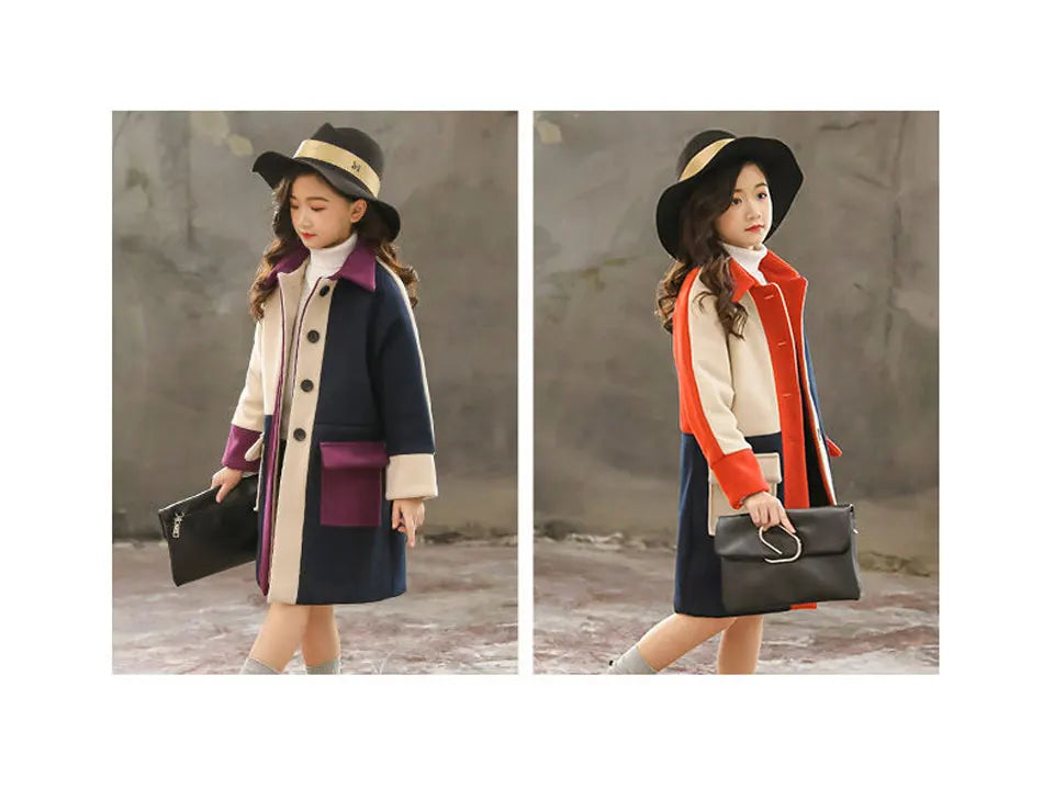 Girls Wool Coat Autumn Winter Jacket - Fashionable Outerwear for Ages 4-13