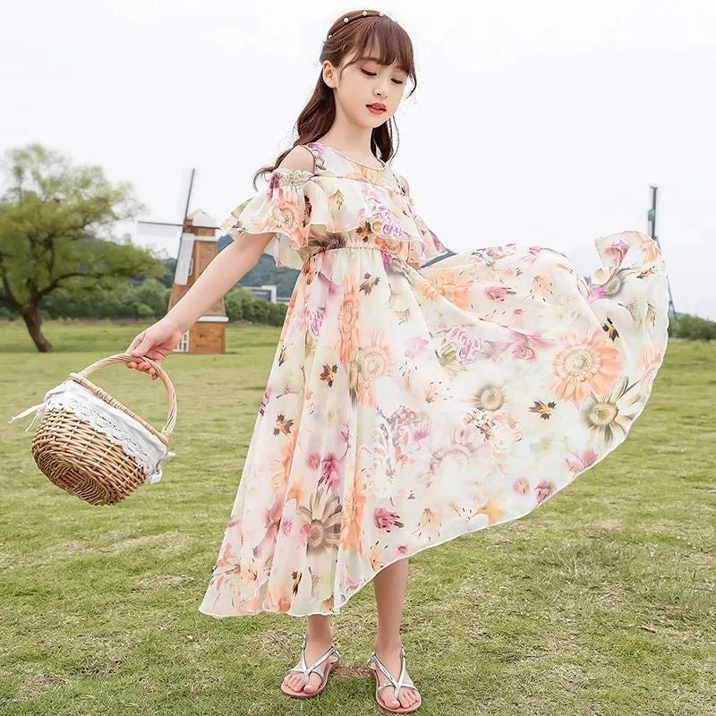 New Girls' Summer Floral Beach Dress – Bohemian Style for Ages 5-11