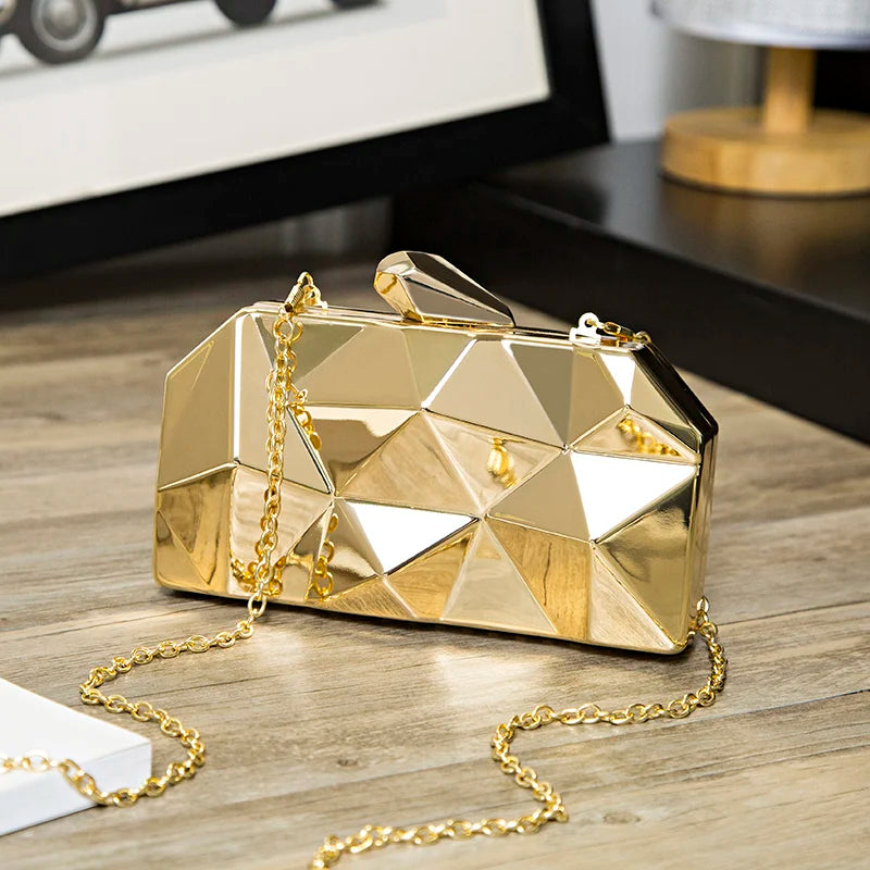 Elegant Gold Geometric Acrylic Clutch Bag for Women - Party/Wedding Shoulder Bag