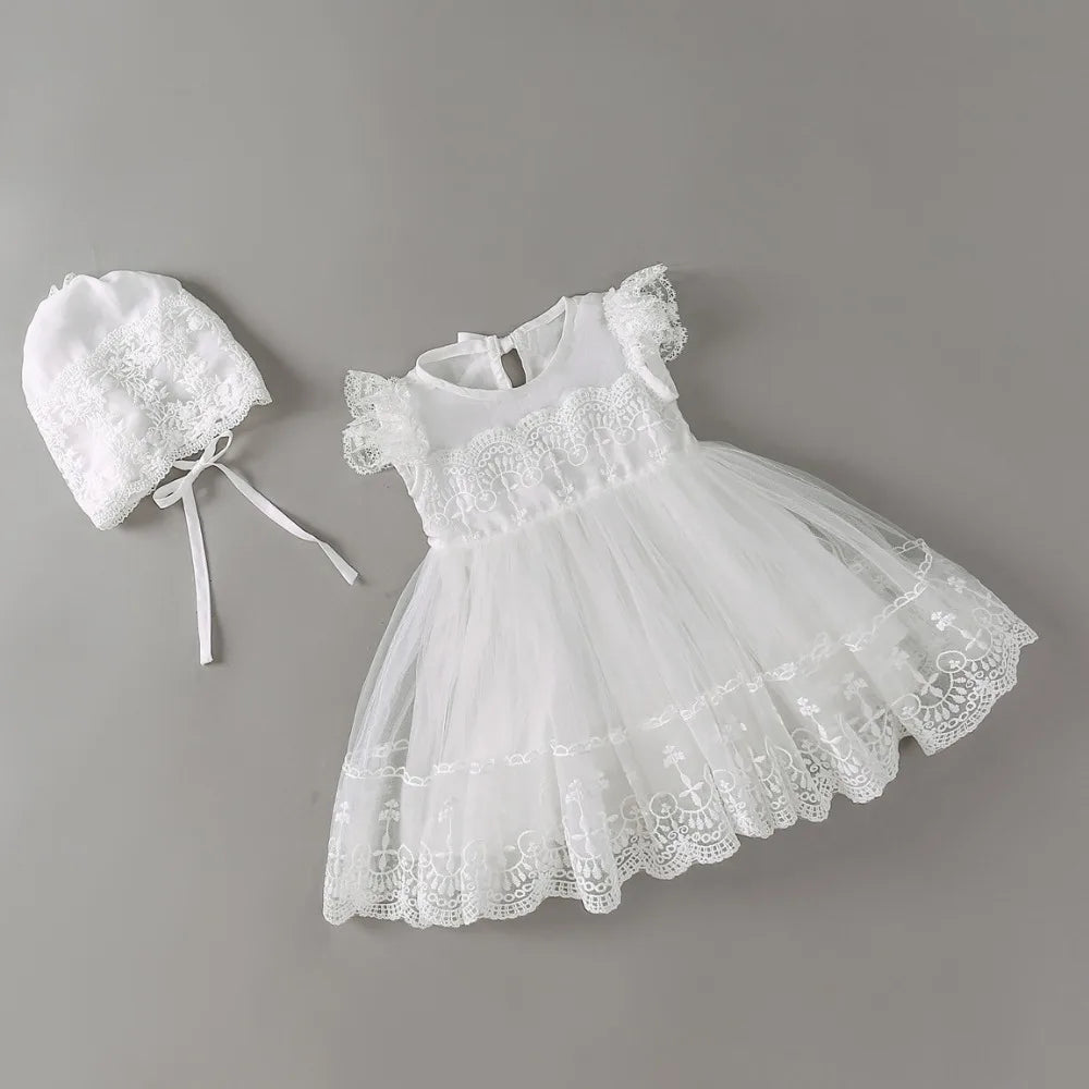 White Embroidery Lace Baby Dress with Cap – Christening Gown & Birthday Outfit