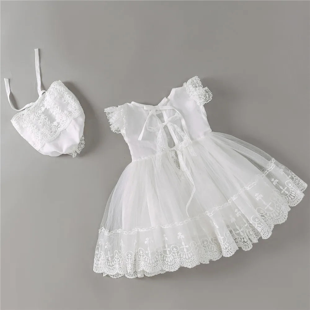 White Embroidery Lace Baby Dress with Cap – Christening Gown & Birthday Outfit