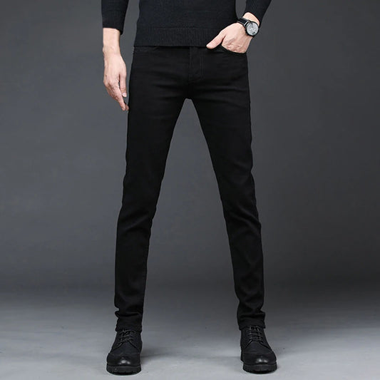 Men's Slim Fit High-Elastic Denim Jeans - Mid-Waist Straight Fashion