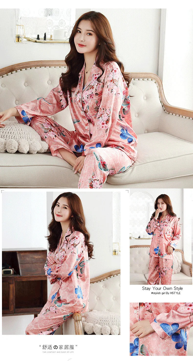 Women's Satin Silk Pajama Set - Winter Button PJs (2 Pieces)