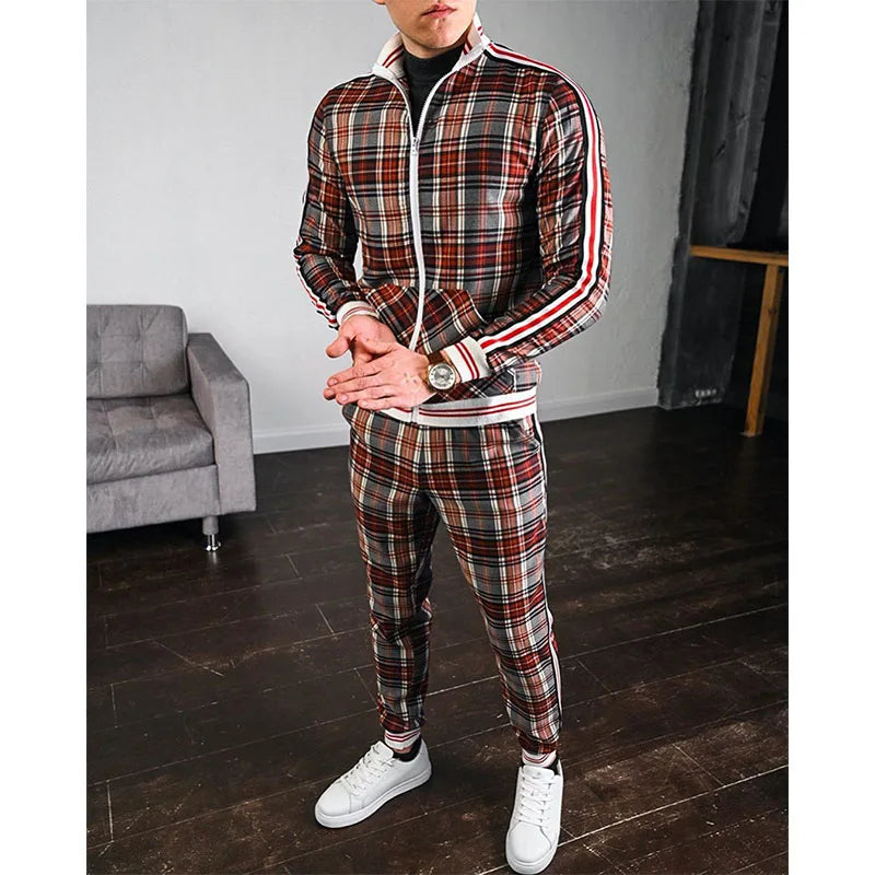 Men's Colorful Plaid Tracksuit 3D Print Hoodie Set - Autumn Casual