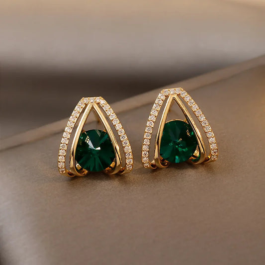 S925 Silver Green Crystal Geometric Earrings