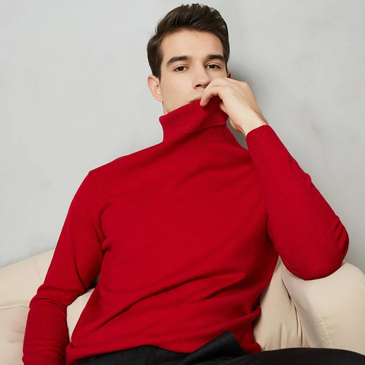 Men's Warm Turtleneck Wool-Cotton Sweater – Casual, Solid Color, Perfect for Autumn, Winter, and Christmas