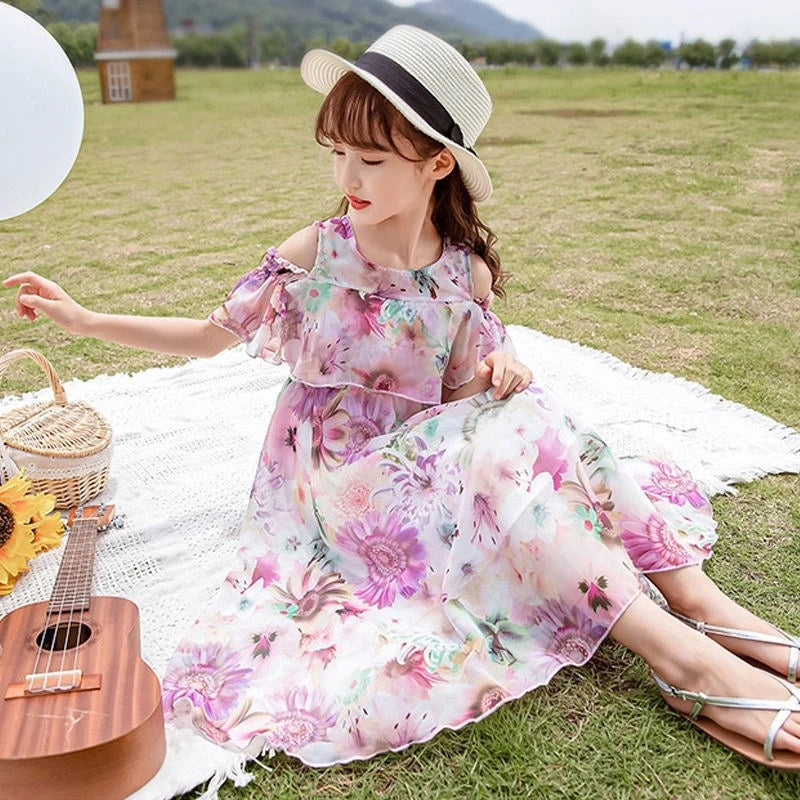 New Girls' Summer Floral Beach Dress – Bohemian Style for Ages 5-11