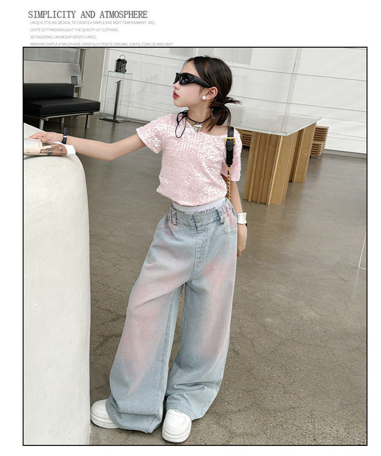 Girls' Summer 2-Piece Set - Pink Diamond T-Shirt & Tie-Dyed Wide Leg Jeans