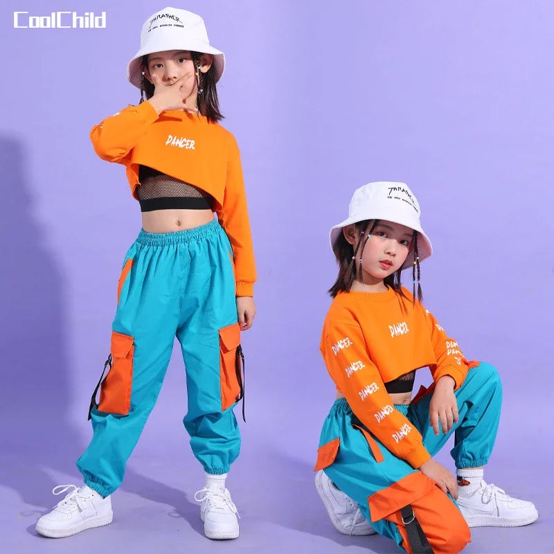 Hip Hop Girls' Crop Top & Cargo Pants Set - Street Dance & Cheerleader Style