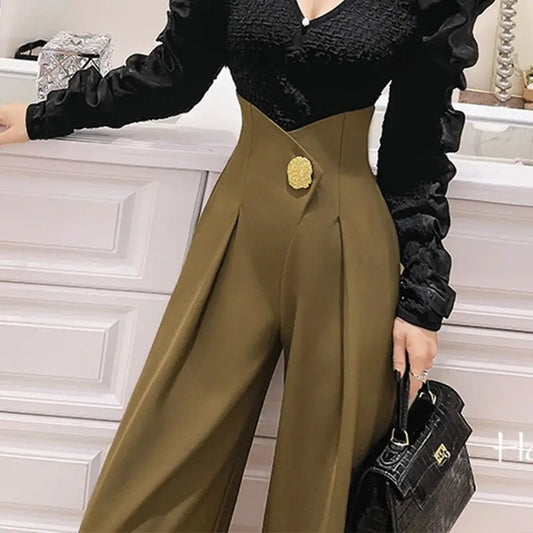 Stylish High Waist Wide-Leg Pants – Spring/Autumn Trousers with 3D Folded Decoration for Women