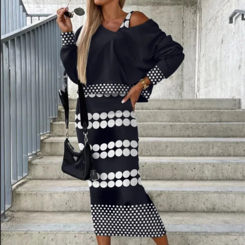 Womens Fashion Two Piece Dress Set Sexy Bat Sleeve Off Shoulder Top & Mid-Calf Dress Set   New Casual Long Dress Outfit