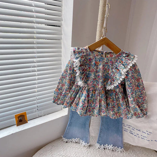 Spring & Autumn Girls' Floral Lace Top + Denim Flared Pants Set