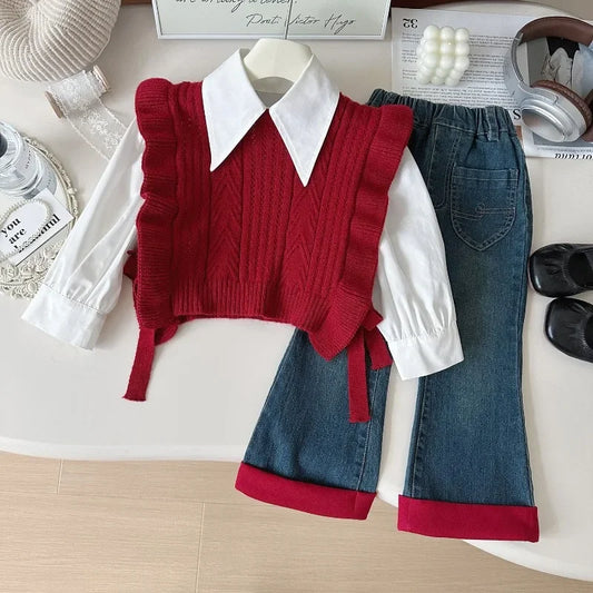 3-Piece Girls' Autumn Winter Outfit Set – Long Sleeve Shirt, Knitted Sweater Vest, and Jeans for Toddlers