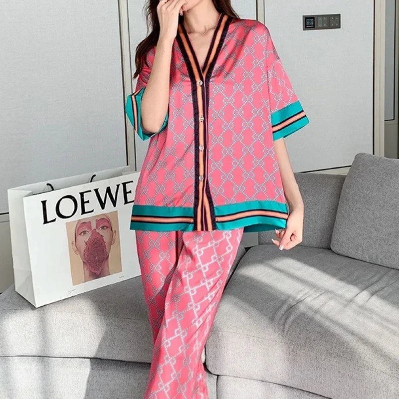 Rose Red Satin Pajama Set - Silk Spring/Summer Sleepwear with Long Pants