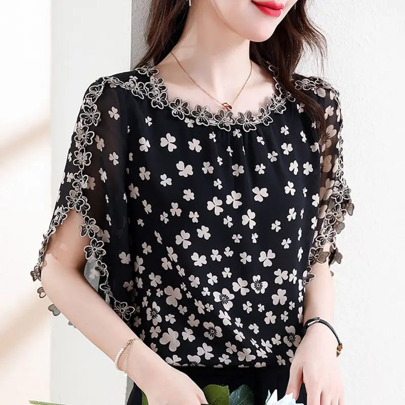 Women's Summer Elegant Chiffon Shirt – Loose Hollow Out O-Neck Short Sleeve Top for Casual All-Match Style