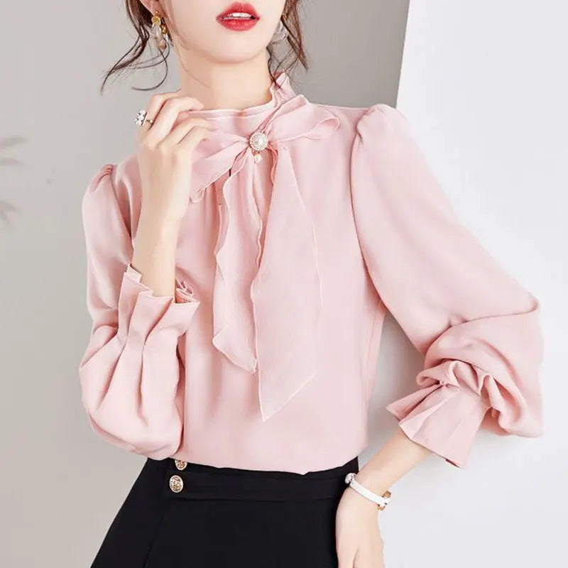 Women’s Bow Blouse – Stand Collar Solid Color Shirt with Ruffles for Spring