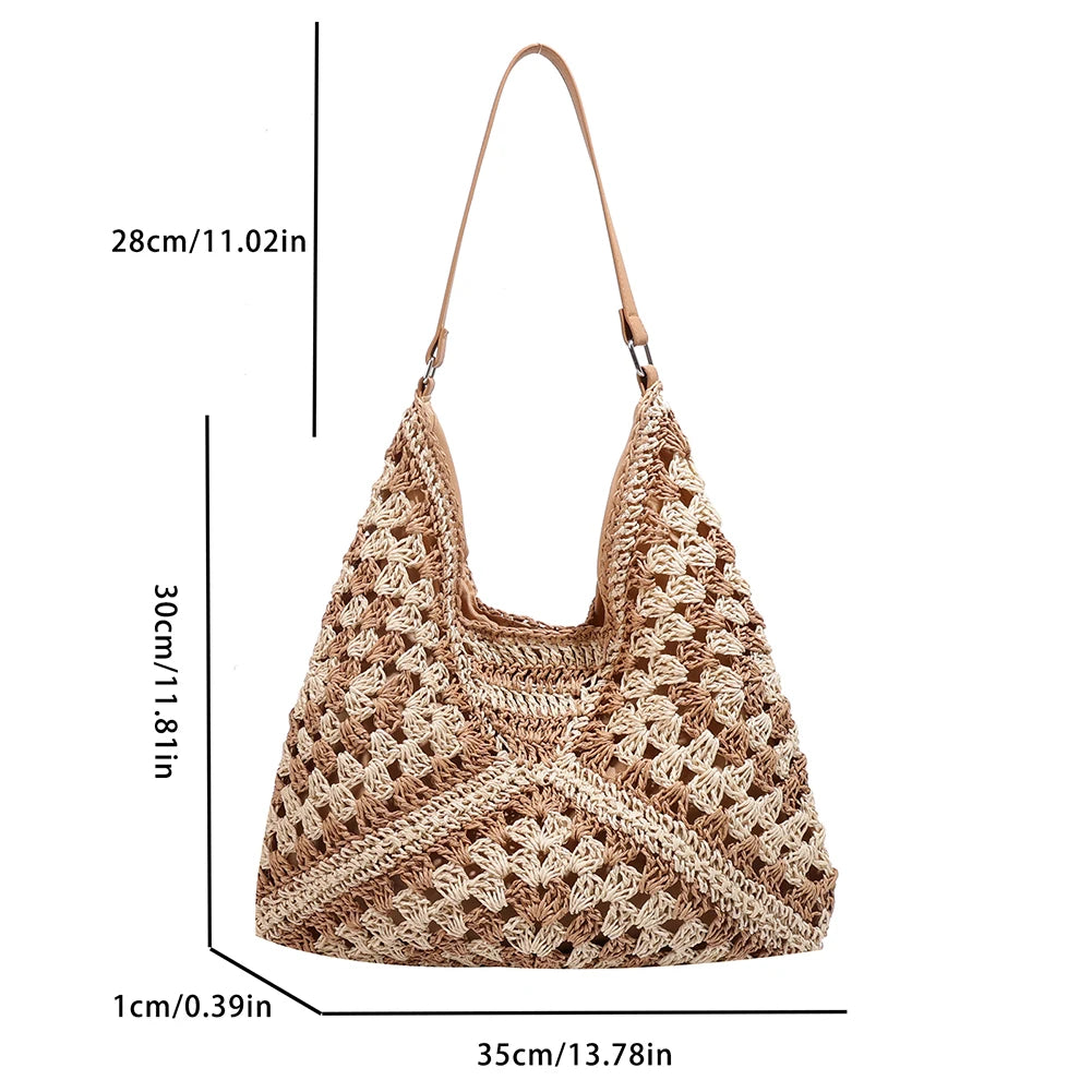 Summer Bohemian Braided Handbag Casual Tote Hollow Straw Beach Bag Woven Shoulder Bag Raffia Rattan Shopping Travel Bag