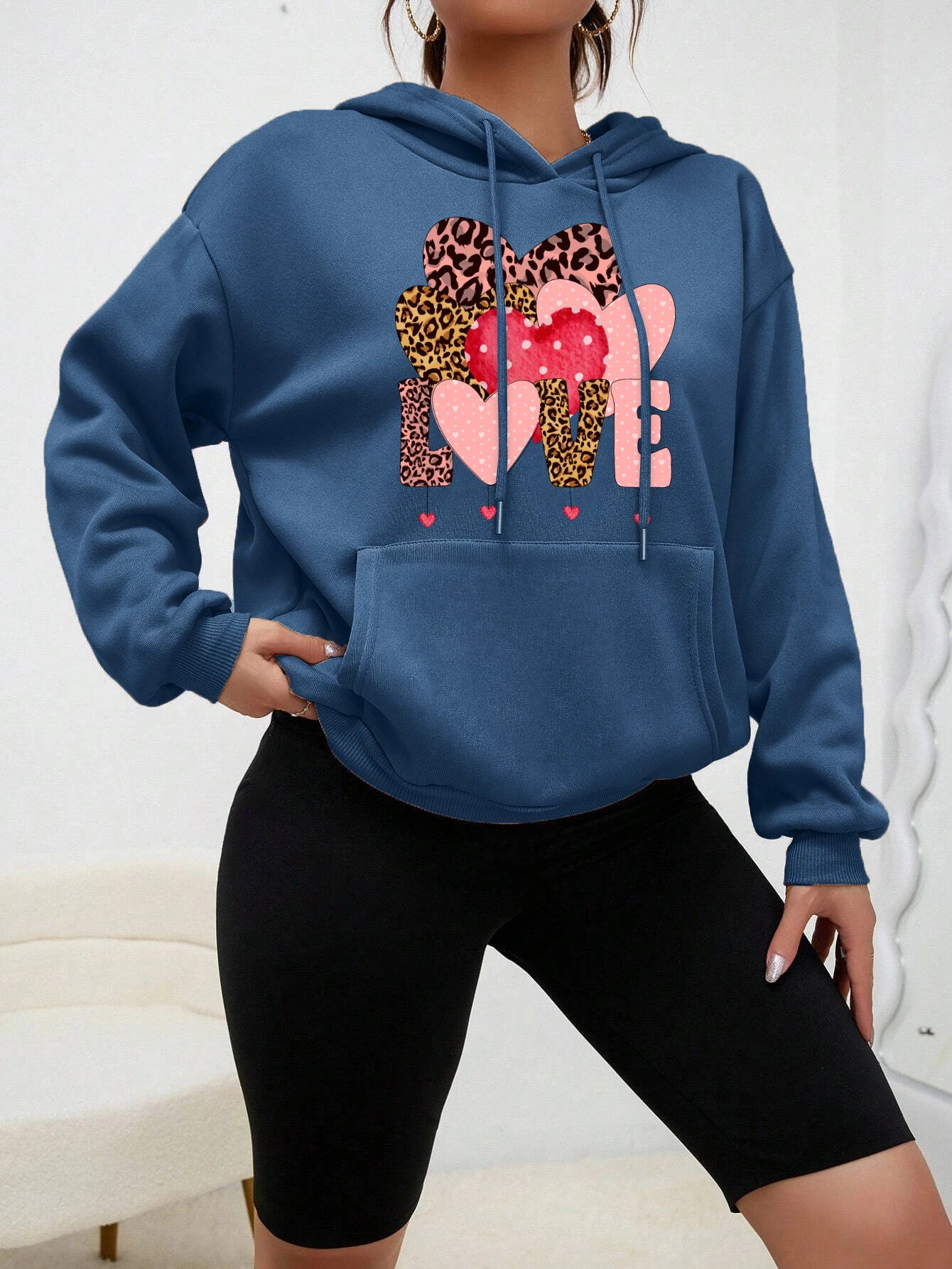 Creative Leopard Print Love Fleece Pullover Hoodie for Women