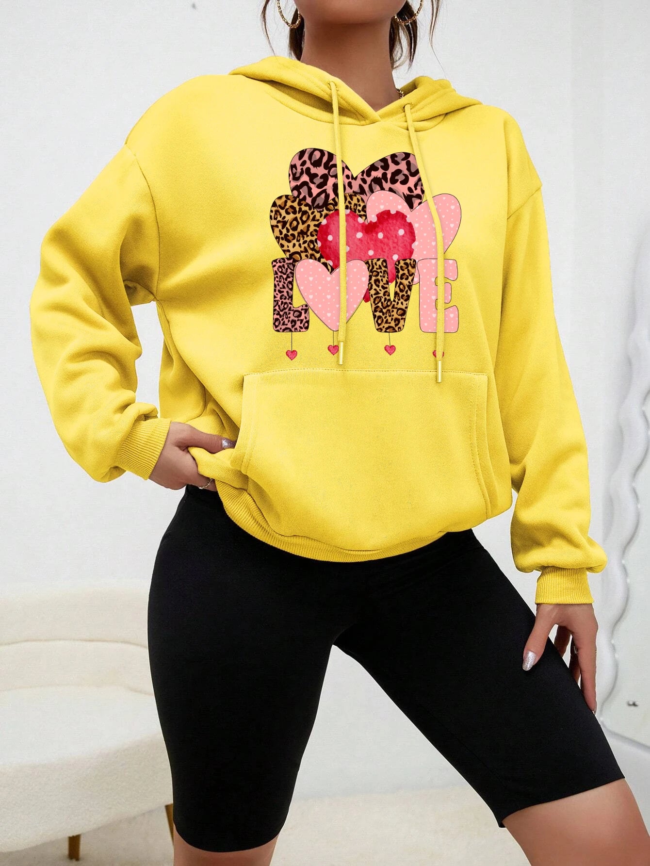 Creative Leopard Print Love Fleece Pullover Hoodie for Women