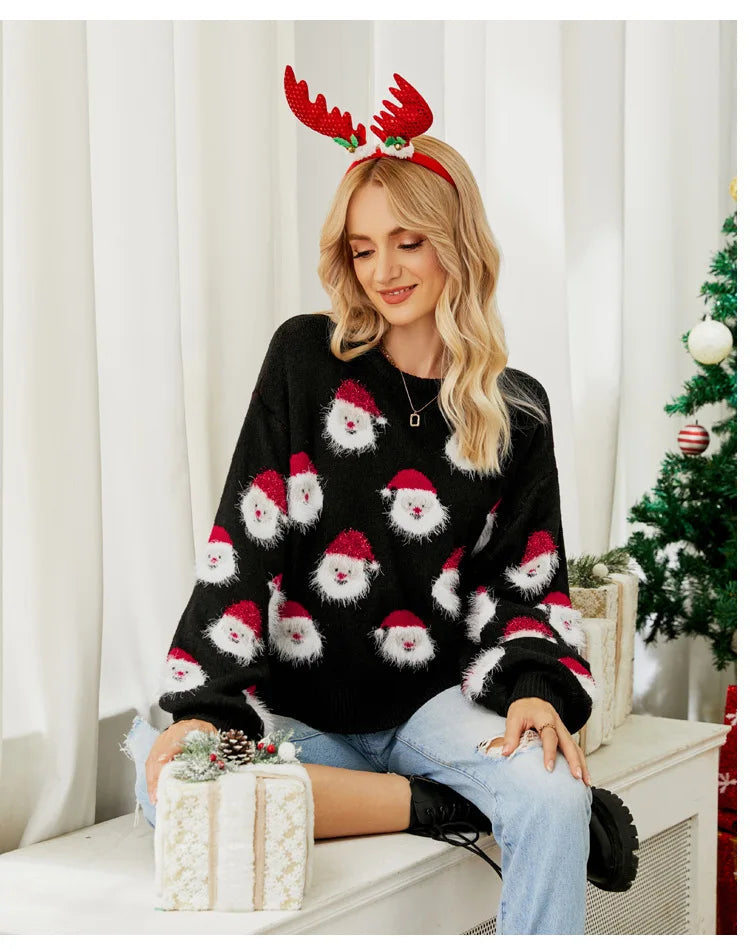 Christmas Women’s Knit Sweater – O-Neck, Long Sleeve, Printed Casual Pullover for Autumn/Winter