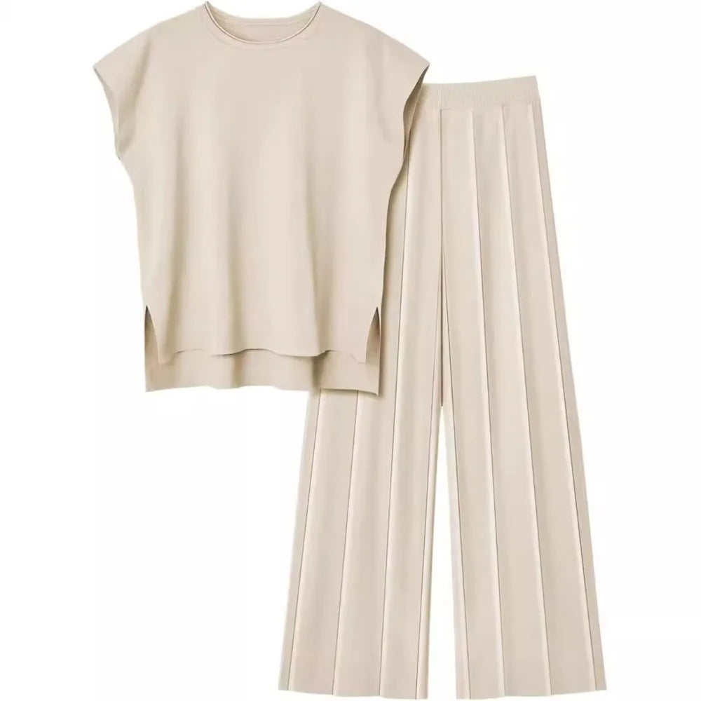 Summer Ice Silk Knit Vest & Wide-Leg Pants Set