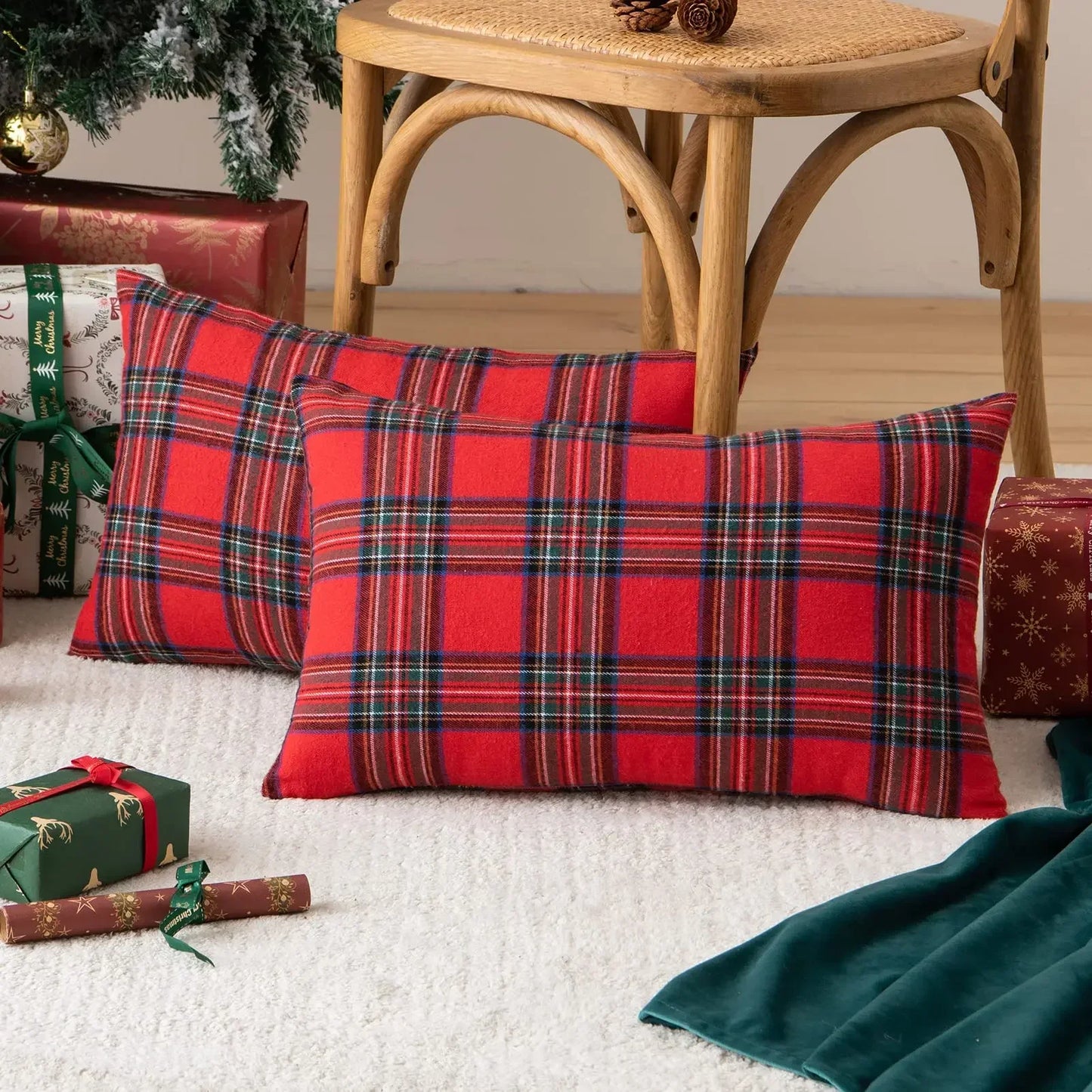 Christmas Tartan Plaid Pillow Covers – Red Cushion Covers for Sofa, Bed, Party, or Home Décor