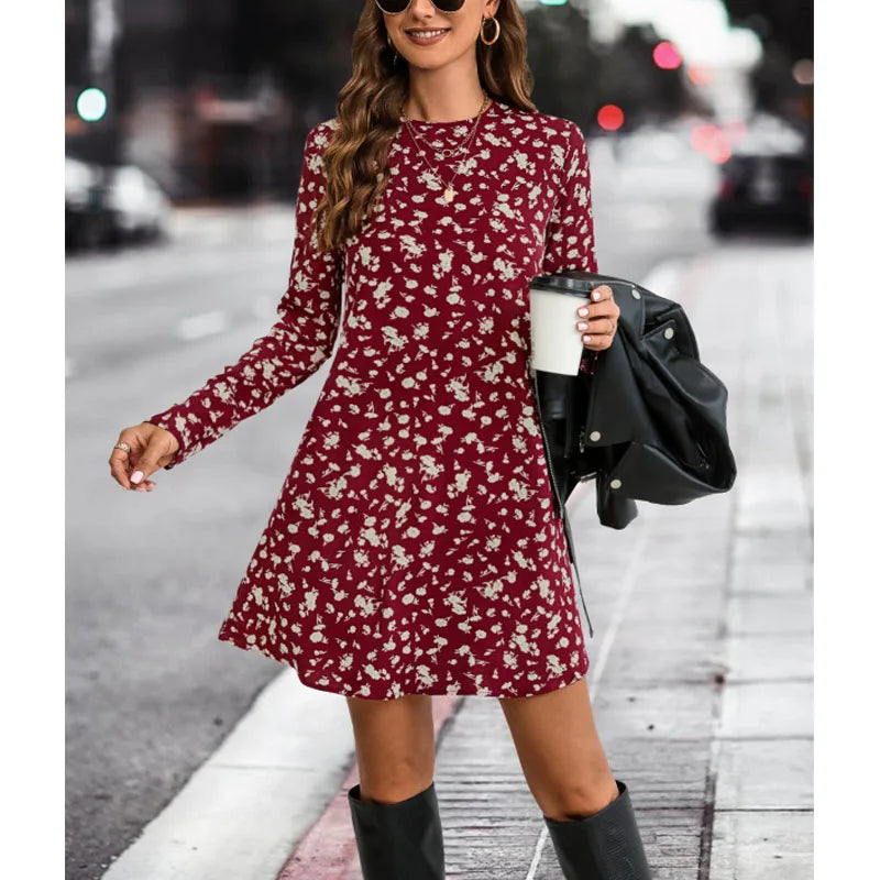 Autumn/Winter Fashion Print Slim Fit Mid-Length Dress - Round Neck Long Sleeve