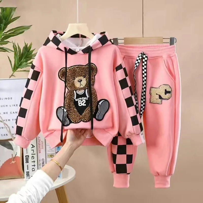 Spring/Autumn 2-Piece Girls' Set – Cartoon Bear Hoodie and Pants for Kids (Ages 2-8)