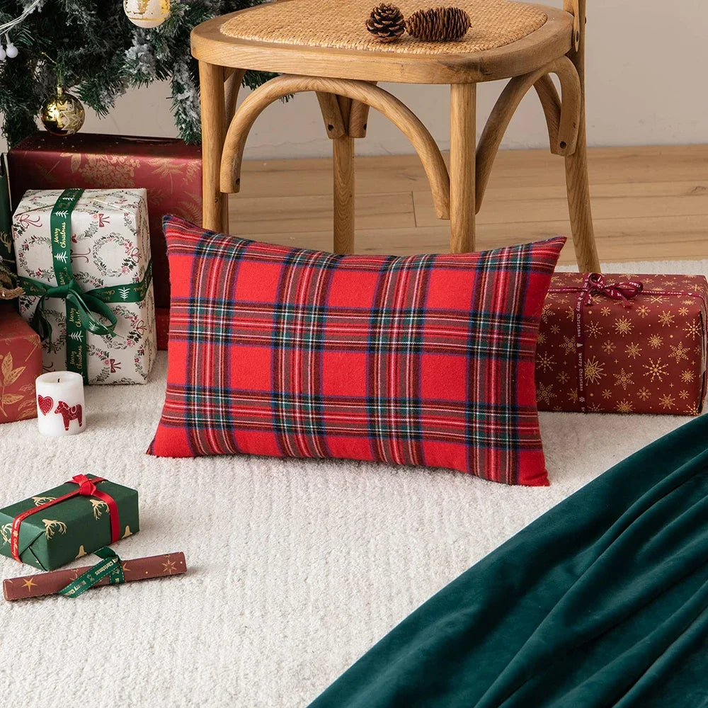 Christmas Tartan Plaid Pillow Covers – Red Cushion Covers for Sofa, Bed, Party, or Home Décor