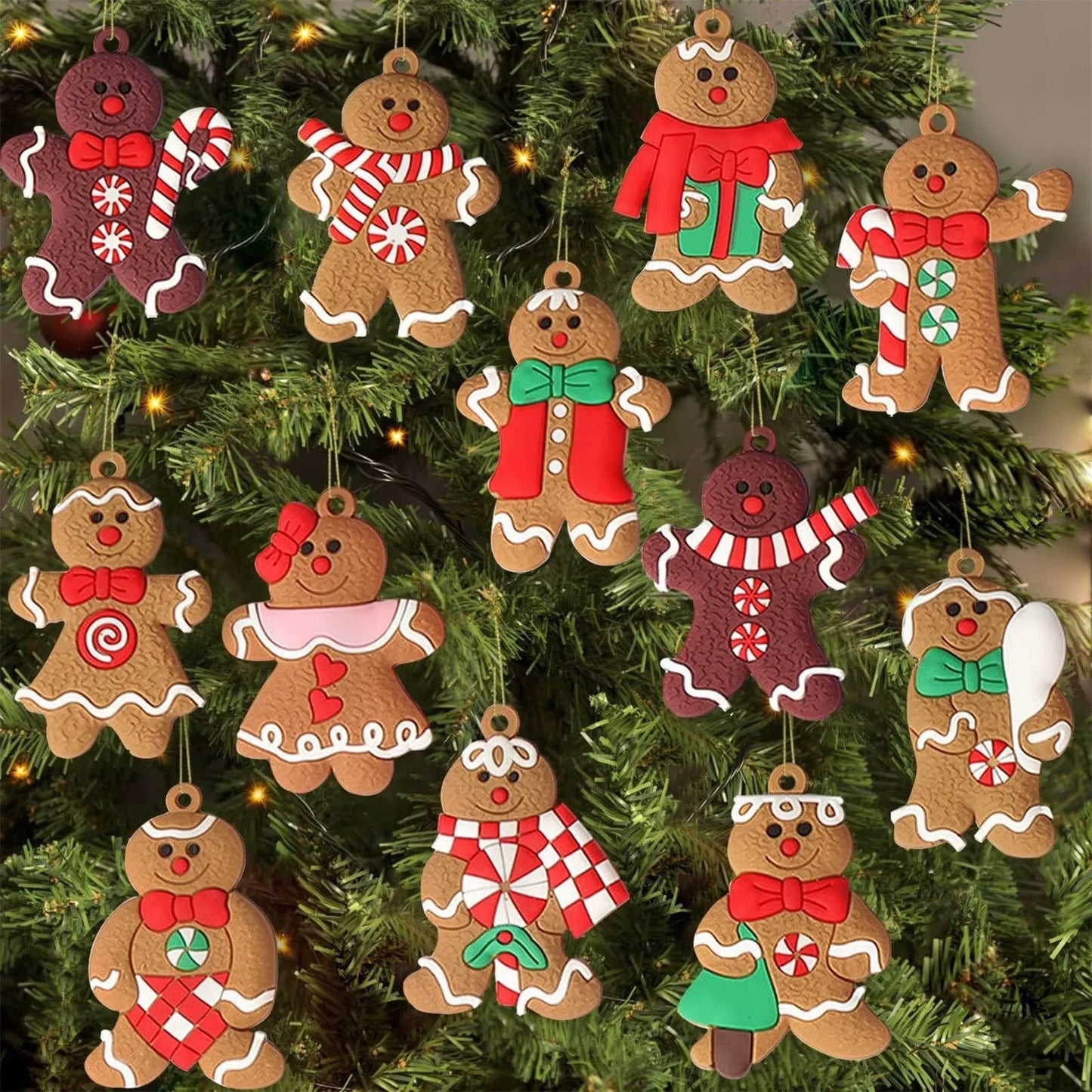 12pcs Christmas Gingerbread Man Ornaments – 2D Flat Hanging Pendant for Tree & Car