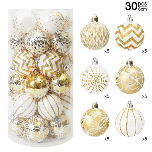 30PCS 6cm Gold White Christmas Balls – Tree Ornaments for Xmas, New Year, and Party Decorations