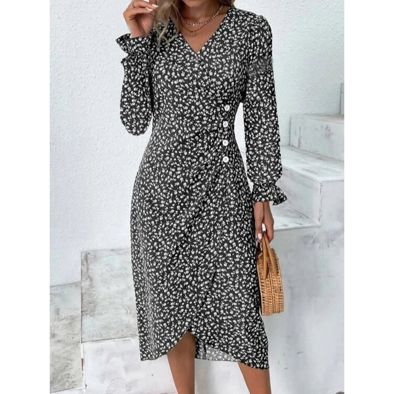 Elegant Floral Pleated Midi Dress - V Neck Puff Sleeve Summer Dress