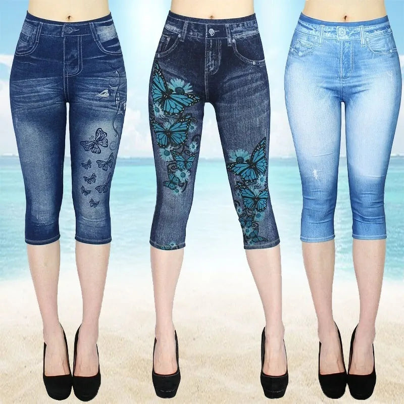 Spring Summer 2023 Women's Fashion High Waist Printed Skinny Capris Casual Pants