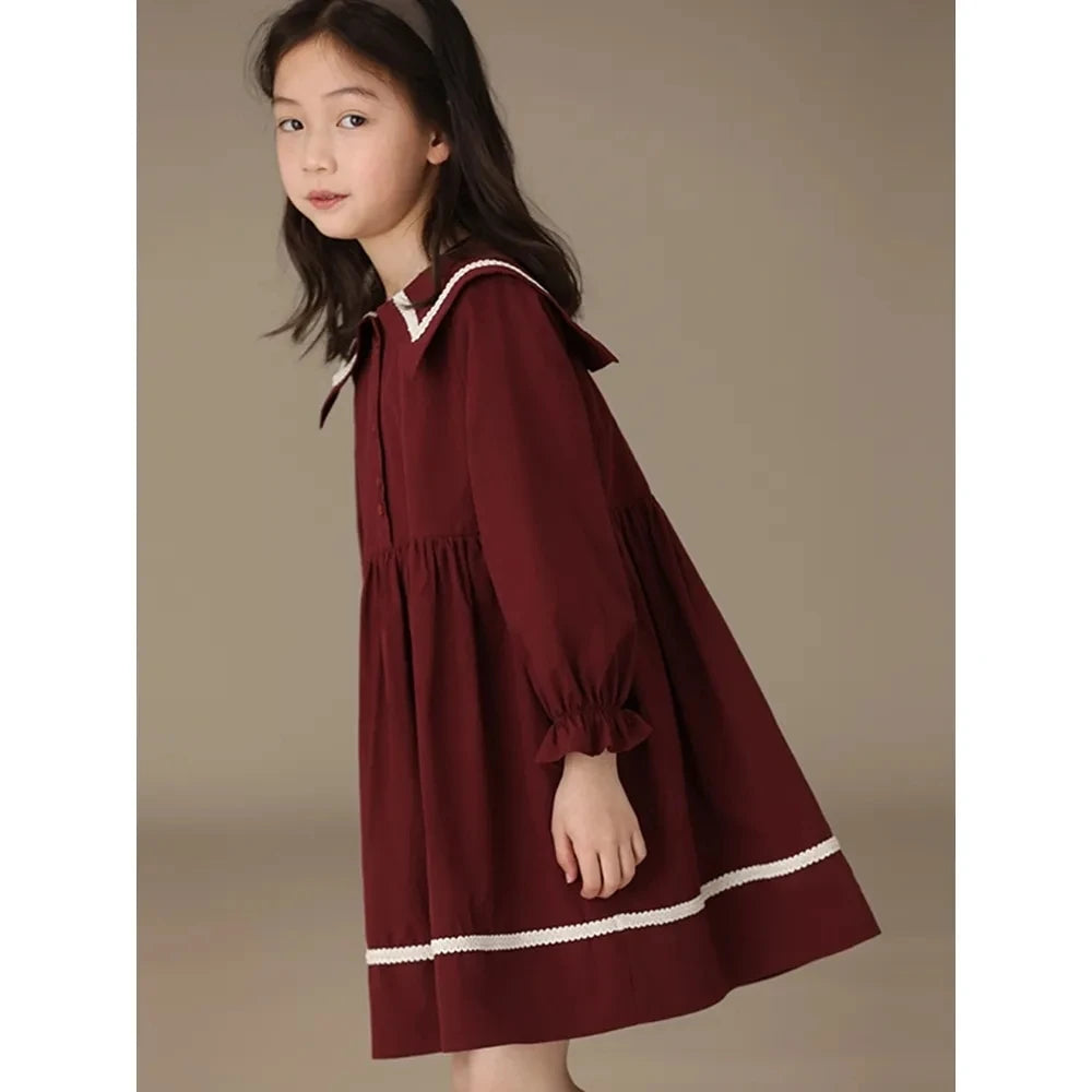 Girls' Red Long Sleeve Dress – Turn-Down Collar Casual Spring Princess Outfit (Ages 6-15)