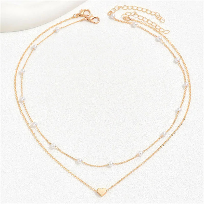 Double Layer Pearl Choker with Heart Pendant