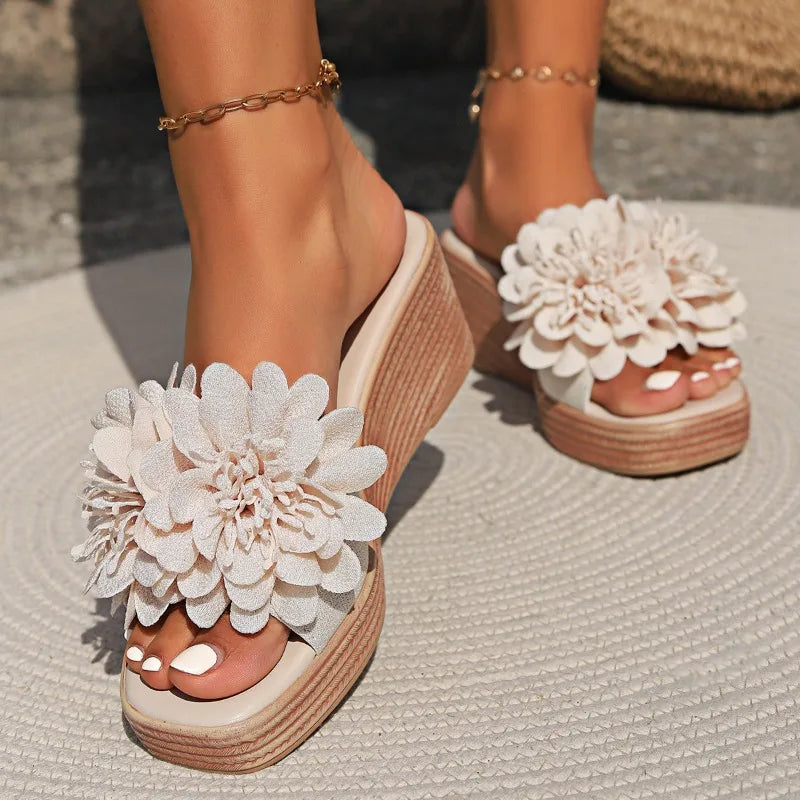 Luxury Wedge Sandals - Women's Designer Beach Platform Shoes, Flower High Heel Slippers for Summer Fashion