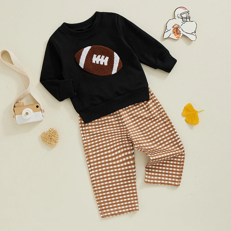 Boy Fall Pants Set Football Embroidered Long Sleeve Round Neck Sweatshirt Plaid Long Pants Outfits