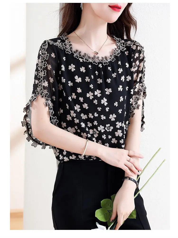 Women's Summer Elegant Chiffon Shirt – Loose Hollow Out O-Neck Short Sleeve Top for Casual All-Match Style